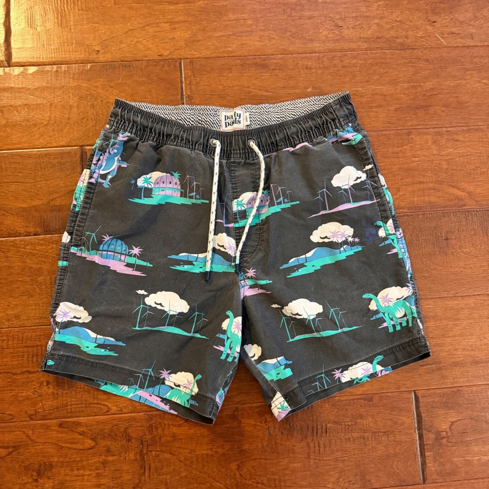 Party Pants Swim Trunks Mens Small Black Dinosaur Print Board Shorts Graphic